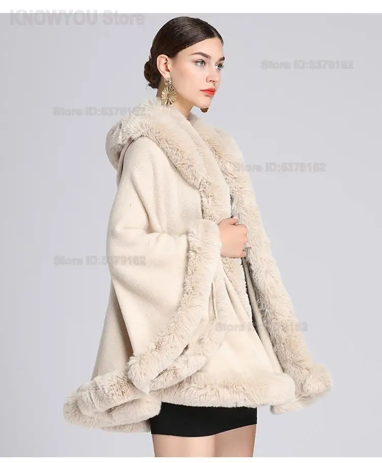 Women Hooded Short Poncho Cape Under 60Cm Faux Rabbit Fur Collar European Style Autumn Winter Loose Oversized Warm