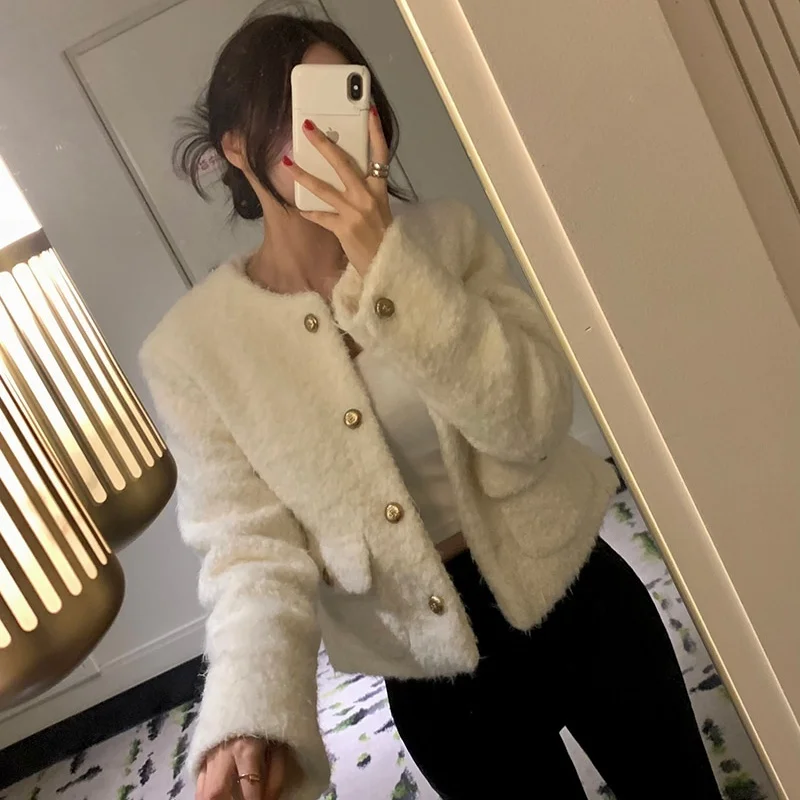 

Chic Metal Button Warm Woolen ort Coat Loose Fit Cotton Inter round Ne Fem Outerwear for Autumn Winter Season