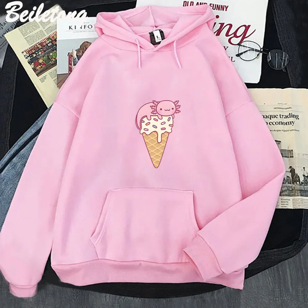 Cute Axolotl on Vanilla Ice Cream Cone Hoodies Kawaii Woman Fashion Korean Style Sweatshirt Autumn Casual Pullovers Men Clothes