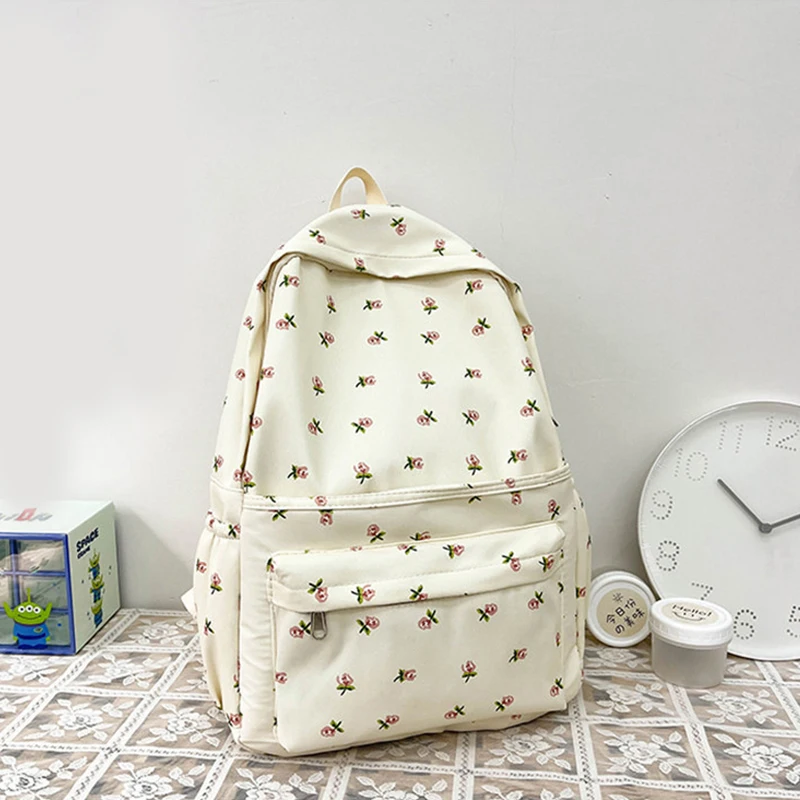 Floral Print Nylon Sweet Solid Color Backpacks for Women Fashion Causal All Match Large Capacity Waterproof Shoulder Bag Mochila