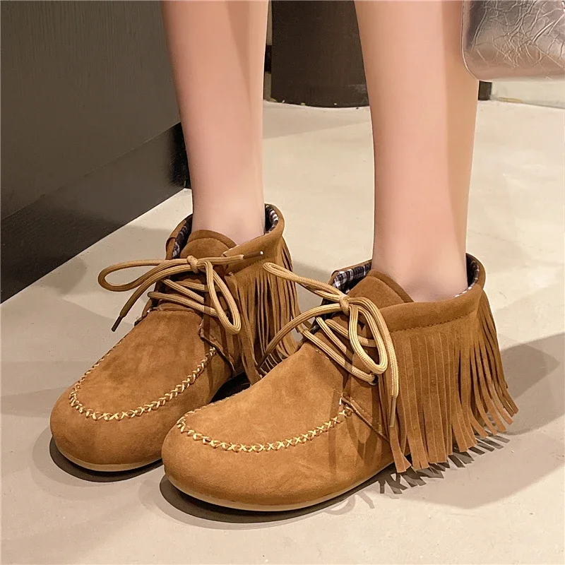 

Женские ботильоны, осенне-зимние новые замшевые туфли с круглым носком на шнуровке, мягкая подошва, нескользящая обувь на низком каблуке