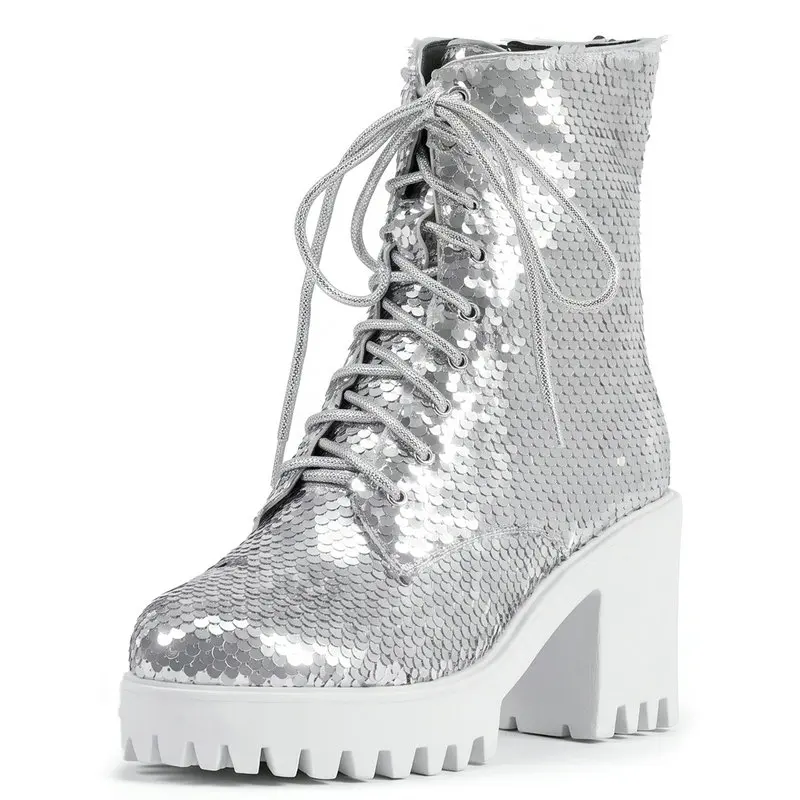 Sequins Silver Sparkle Lace-up Cross-tied Warm Women Winter Shoes Platform Chunky High Heels Bootie Ankle Short Motorcycle Boots