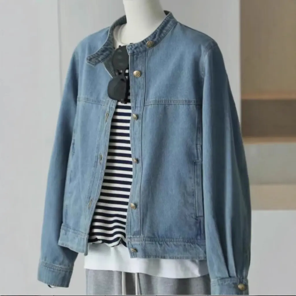 

Blue Denim Jacket for Women Loose Slim Fit Short Hong Kong Style Retro Self-Retention Autumn Top