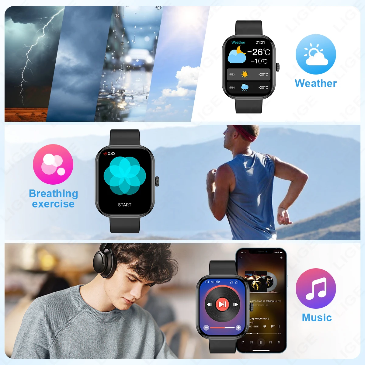 LIGE Men Women Smart Watch Fashion 2.01-inch HD Screen Custom Dial Wrist Watches Sports Fitness Smartwatch Clock For Android IOS