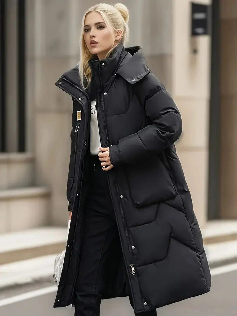 2024 New Winter Parka Woman Long Jacket Hooded Detachable Thicken Loose Fur Collar Zipper Pockets Warm Snow Wear Padded Coat