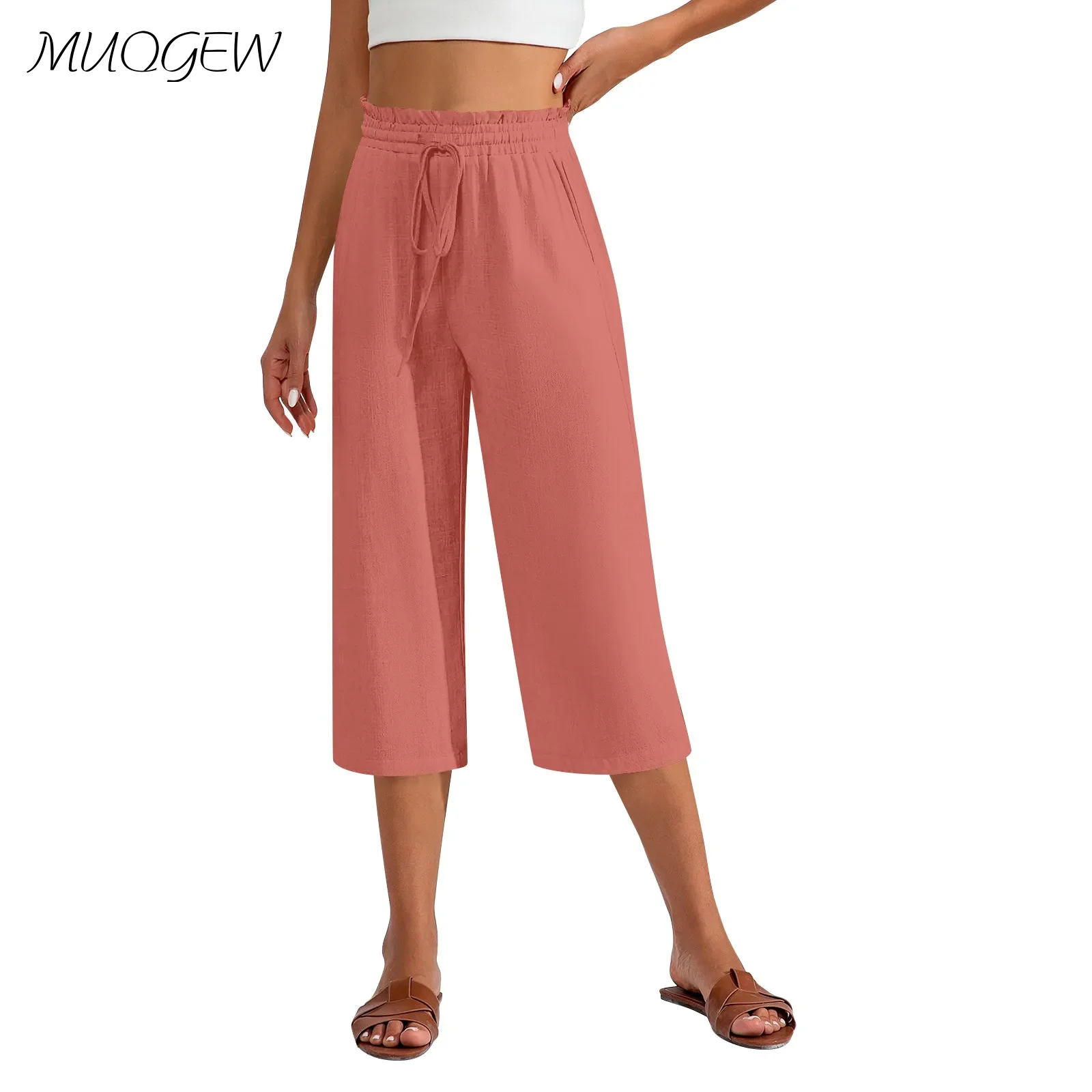 

Women'S Cropped Trousers With Pockets Drawstring Loose Fit Casual Pants High Waist Lightweight 2024 Summer Stylish Loungewear