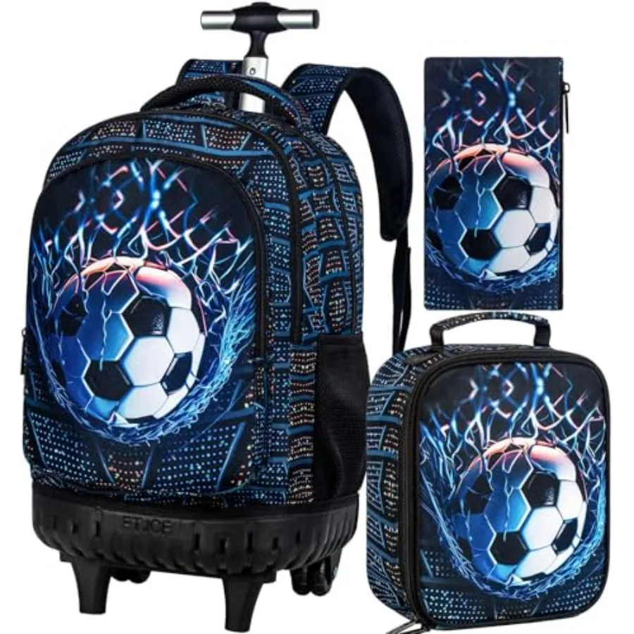 

3Pcs Rolling Backpack for Boys Men, Roller Bookbag with Wheels, Soccer Wheeled Backpacks Set for Elementary Toddler Football