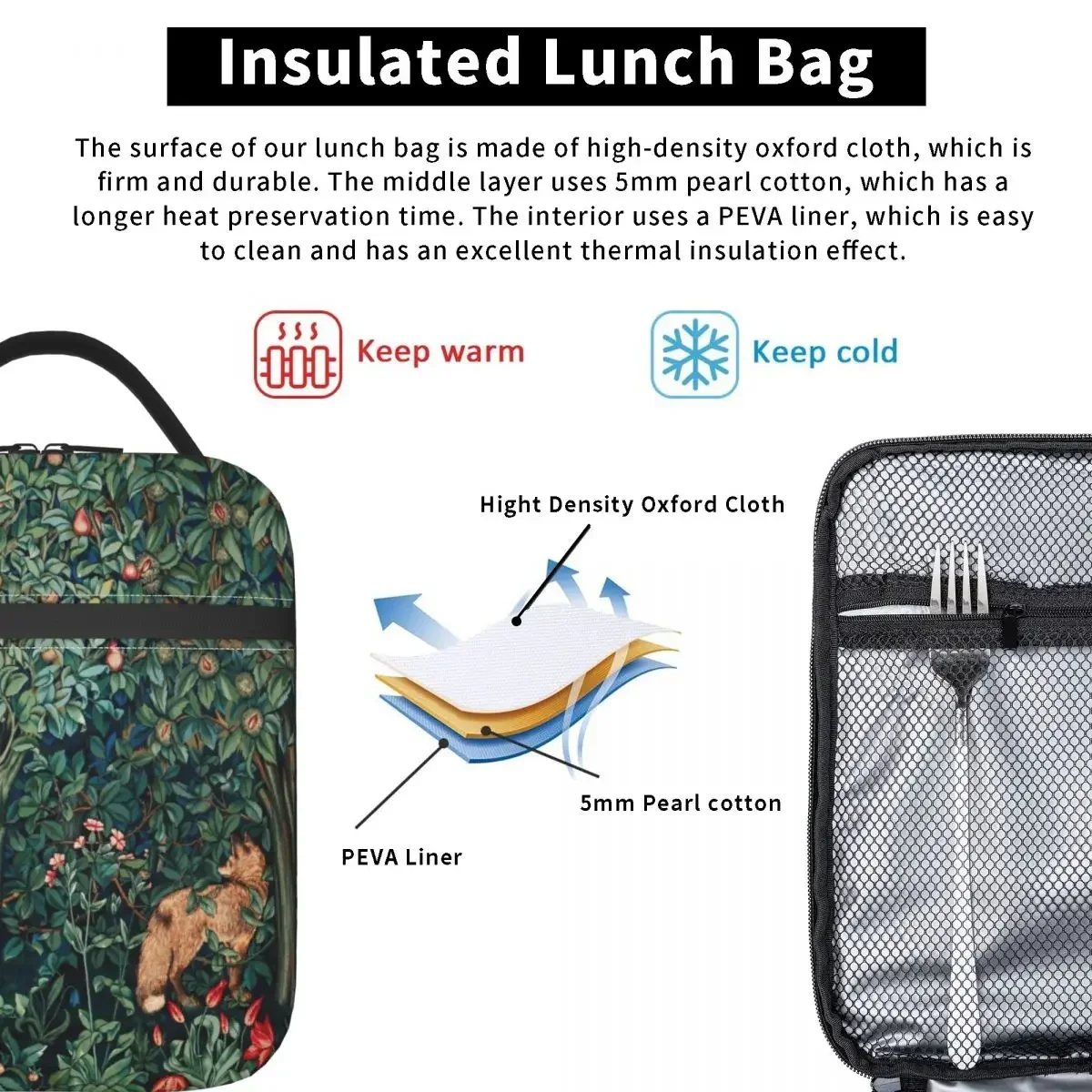 Fuchs und Hasen von William Morris isolierte Lunch pakete Blumen textil muster tragbare thermische Kühler Lebensmittel Lunchbox Kinder Schule