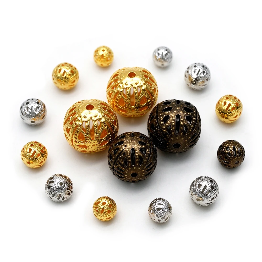 30-150Pcs Gold Silber Antike Bronze Filigrane Hohl Ball Spacer Metall Perlen für Schmuck Machen, 6 -12mm – Detail 4