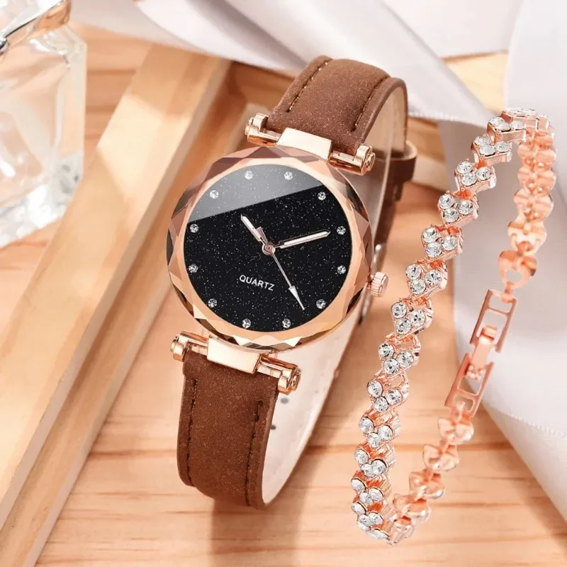 Zegarki damskie Starry Sky luksusowy top styl moda Rhinestone skórzany pasek kwarcowy zegarek damski zegarek damski zegar Reloj