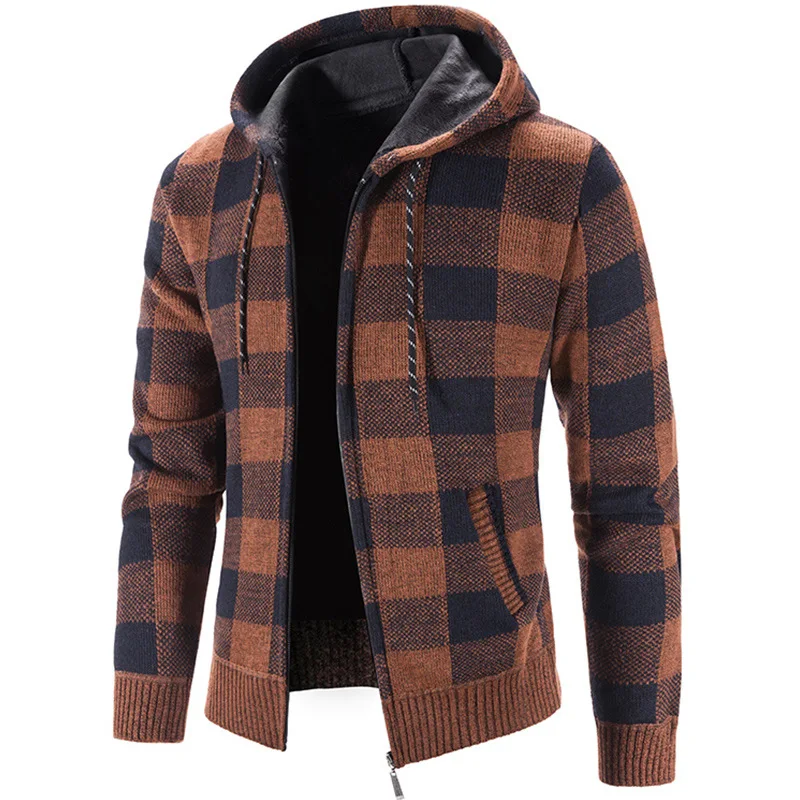 

Foreign trade autumn and winter men's jackets with plush and thickened zippers, hooded sweaters, plaid casual men's jackets