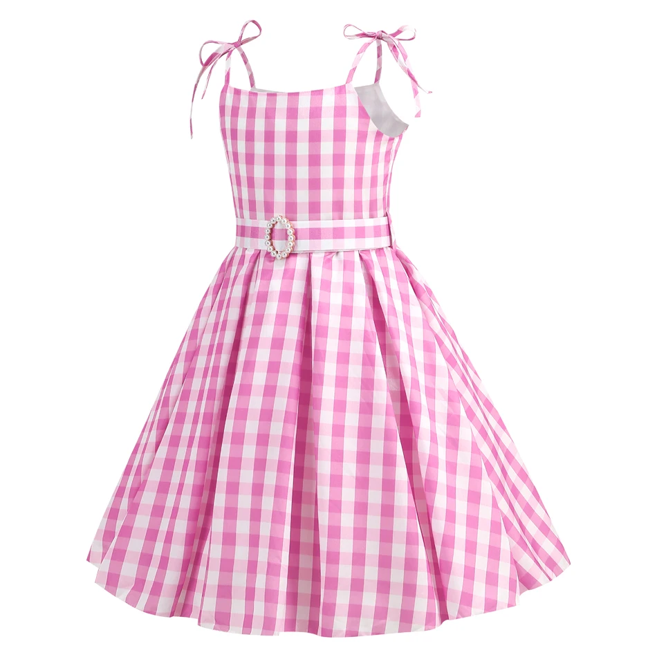 Movie Barbe Princess Pink Dress Summer Beach Stripe Cute Sleeveless Plaid Slim Strap Dress Set With Belt Kids Halloween Clothing