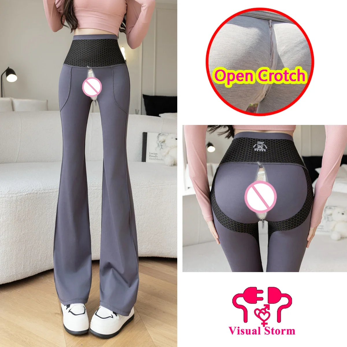 Woman Skinny Open Crotch Leggings with Invisible Hidden Zippers Panties Fashion Crotchless Pants Erotic Outdoor Sex Costume