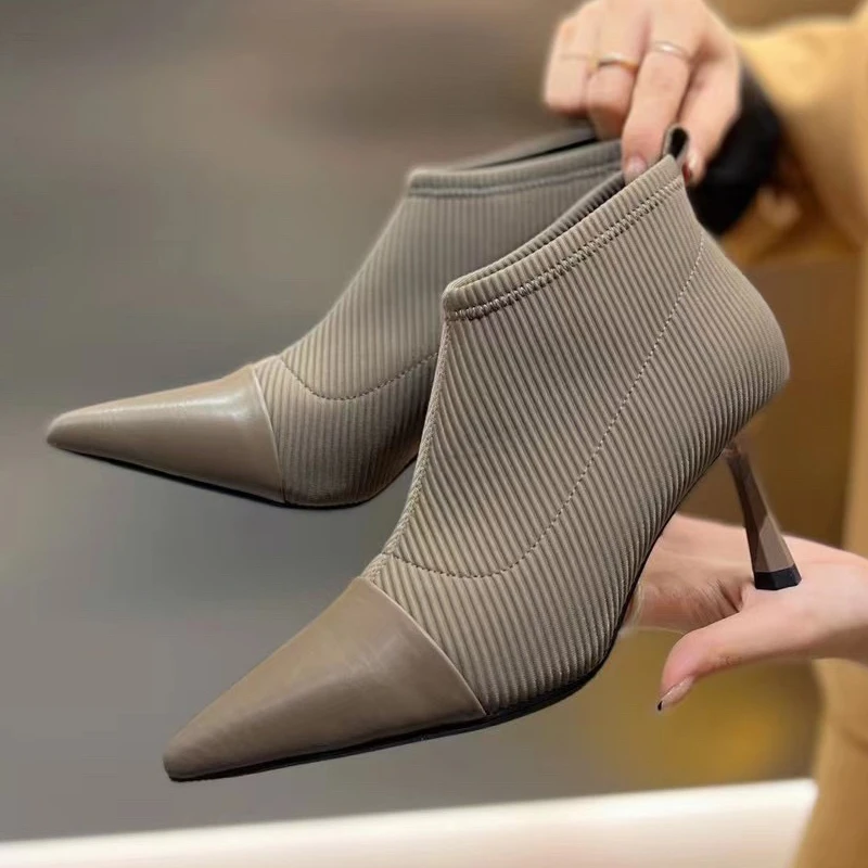 

High Quality Elegant High Thin Heel New Genuine Leather Pointed Toe Short Boots Women Stretchce Temperament Ankle Boots Short