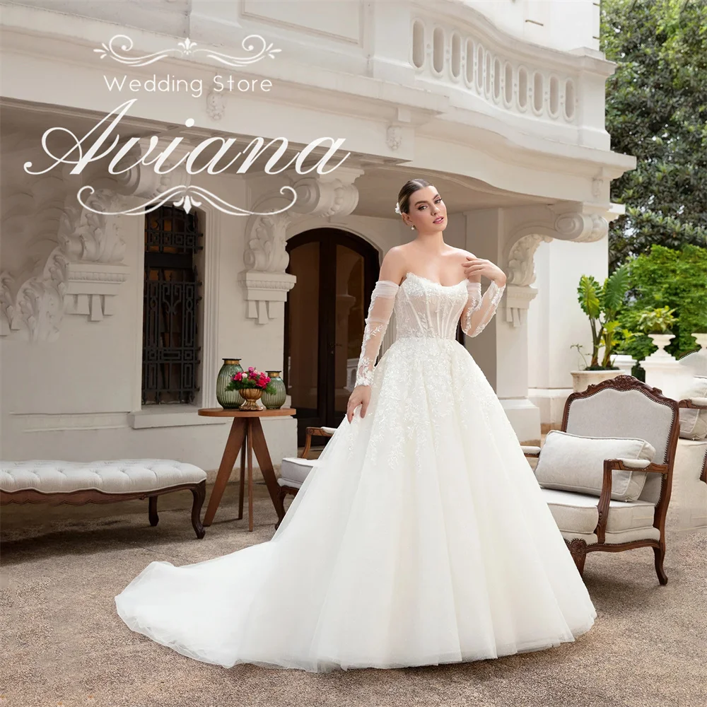 

Aviana Customized Sweetheart Off The Shoudler Lace Embroidery Wedding Dress Long Sleeve Sweep Train Sequin New Design Elegant