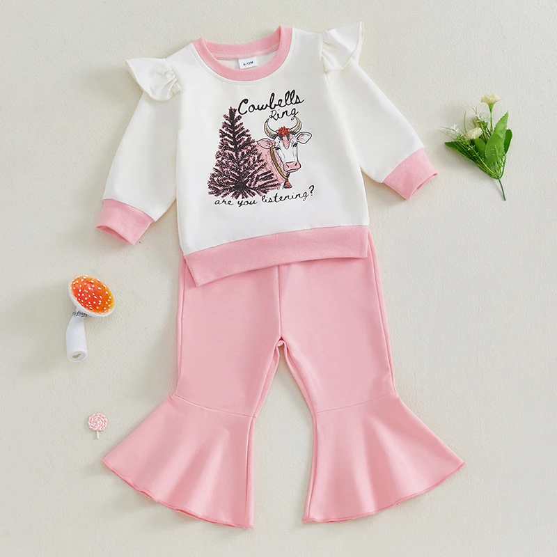 Kid Girls Pants Set Long Sleeve Cow Print Sweatshirt with Flare Pants Clothing Set