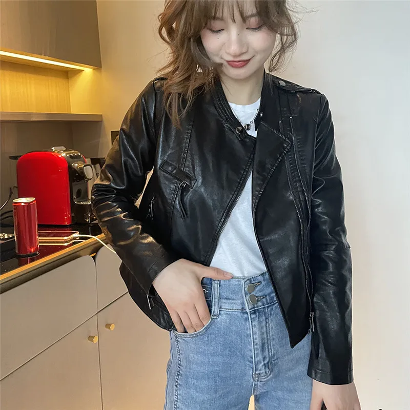 Spring Women Stand Collar Slim Short Faux Leather Coat Autumn Female Long Sleeve Cropped Biker Jacket Streetwear Pink Blue Black