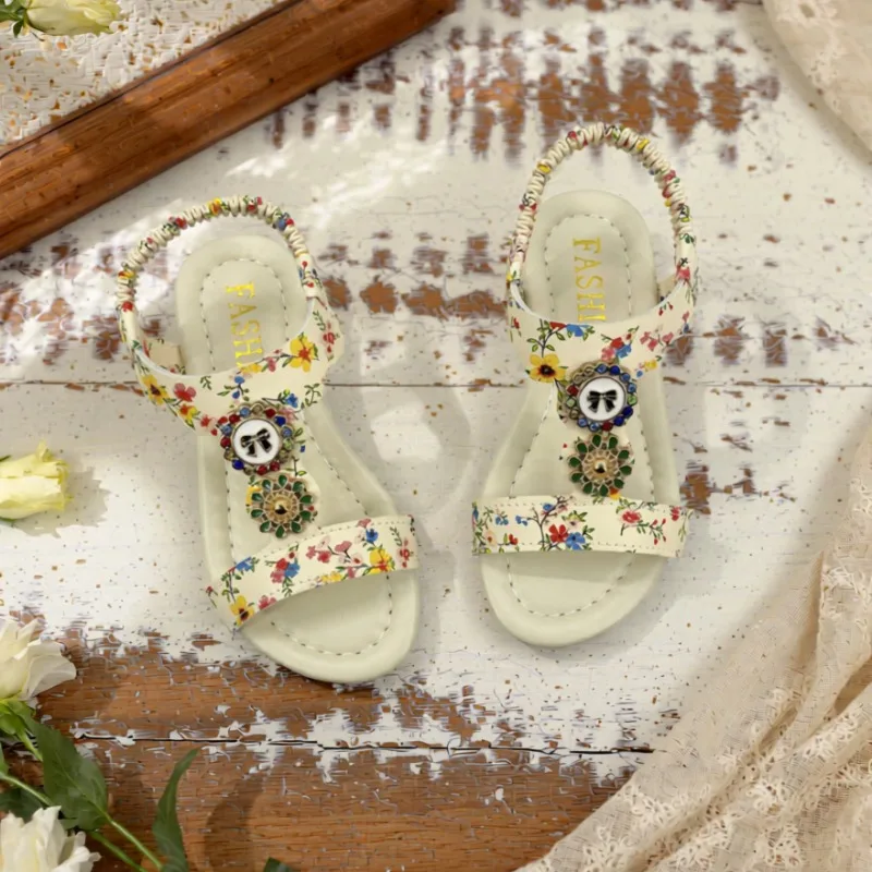Children's Colorful Sandals Summer Sweet Flower Pattern Girls Boho Flat Shoes Princess Open-toe Lightweight Kids Beach Sandals