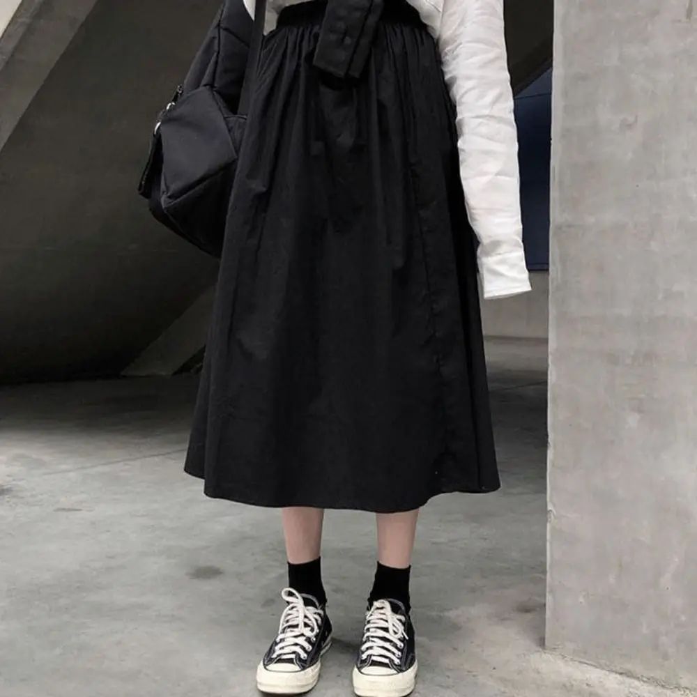 أزياء عالية الخصر تنورة طويلة المرأة المرقعة شيك عالية الخصر تنورة طويلة بلون فضفاض ألف خط نصف اللباس يوميا #2