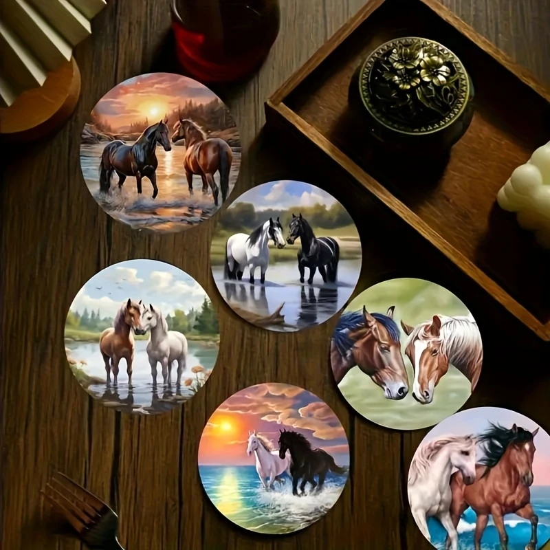 2D Retro Wooden Cup Mats Featuring Horse Elements Colour Printing Cup Coasters Suitable Home Kitchen Decora Horse Lovers Gifts