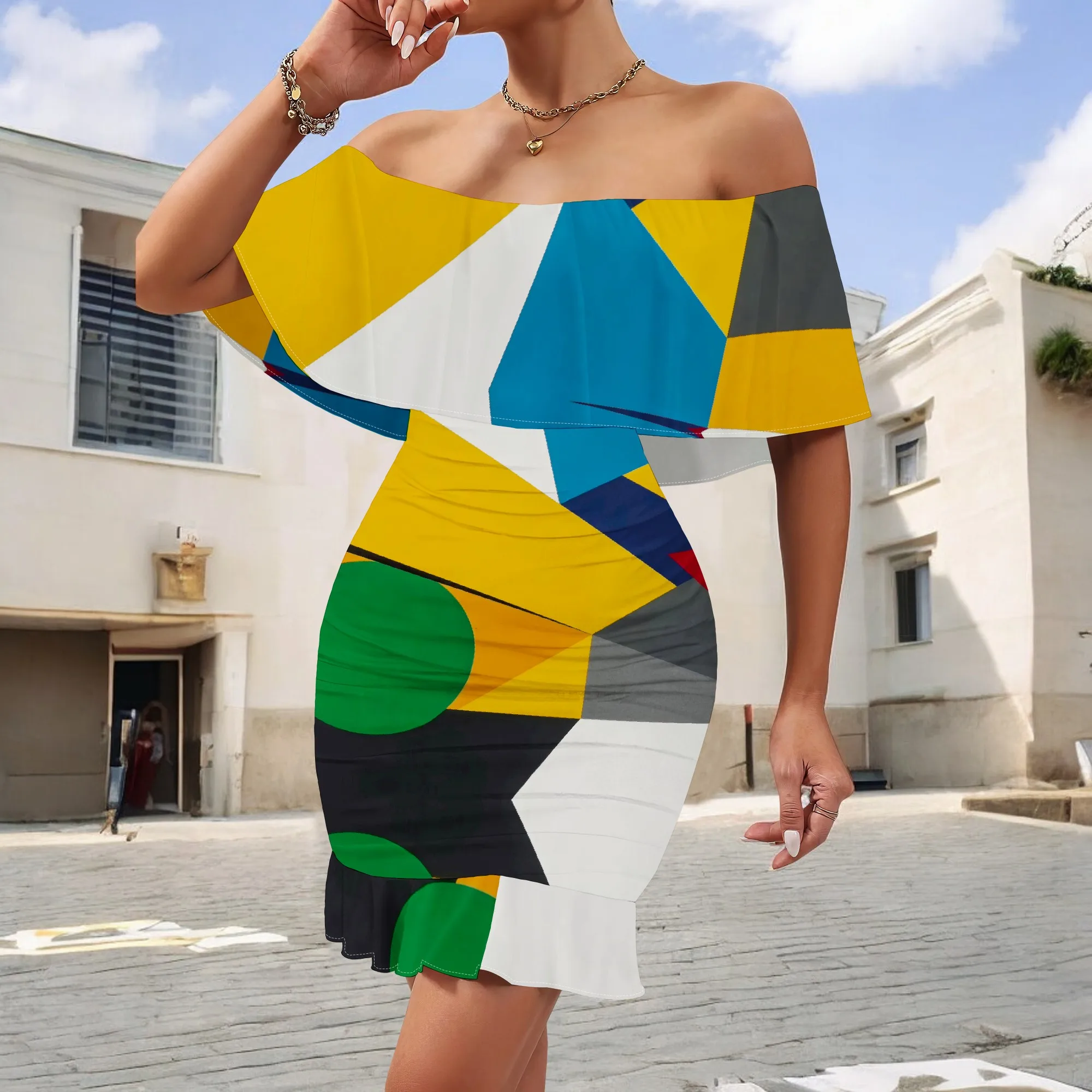 

Geometric Print Off-Shoulder Dress S-3XL with Ruffle Hem for Casual Chic Look, Weekend Getaway, or Day Out 2025