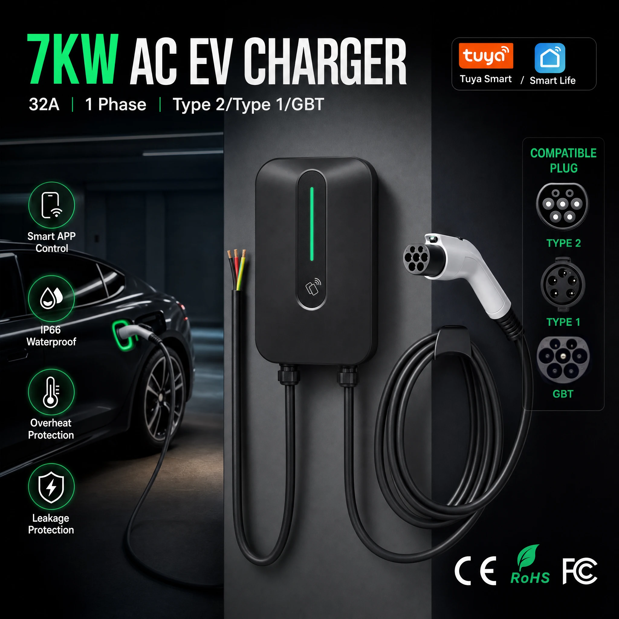 

Tuya Smart 7.6kW Type2 GBT TYPE1 j1772 EV Charger, 32A Electric Vehicle Wallbox, App-Controlled Charging Station EU Standard