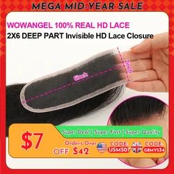 WOWANGEL 2x6 tiefer Scheitel HD-Spitzenverschluss, nur frontal, schmelzende Haut, glattes Haar, Kim K-Verschluss, vorgezupftes reines Haar für Frauen
