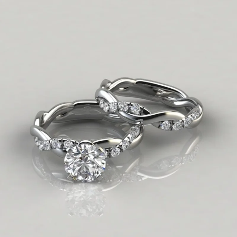 Fashion Female Round Zircon Distort Ring Bridal Sets White Crystal Wedding Bands Promise Engagement Rings For Women Wholesale
