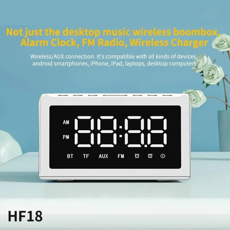 Alto-falante bluetooth de carregamento sem fio hf18w com rádio fm display led despertador 3 em 1 multifuncional reprodutor de música digital hifi