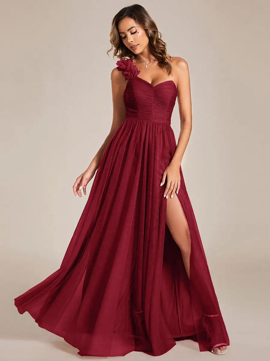 

Elegant Evening Dresses Backless One Shoulder Pleated Split Floor-Length 2024 BAZIIINGAAA of Tulle Burgundy Bridesmaid Dresses