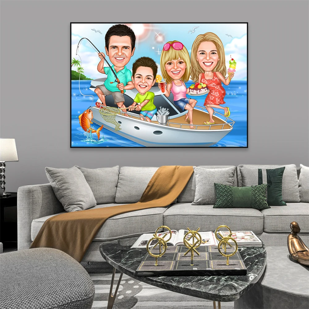 Family Cartoon Portrait Poster Custom Cartoon Family Portrait Poster Personalized Caricature Prints Birthdays Canvas Painting