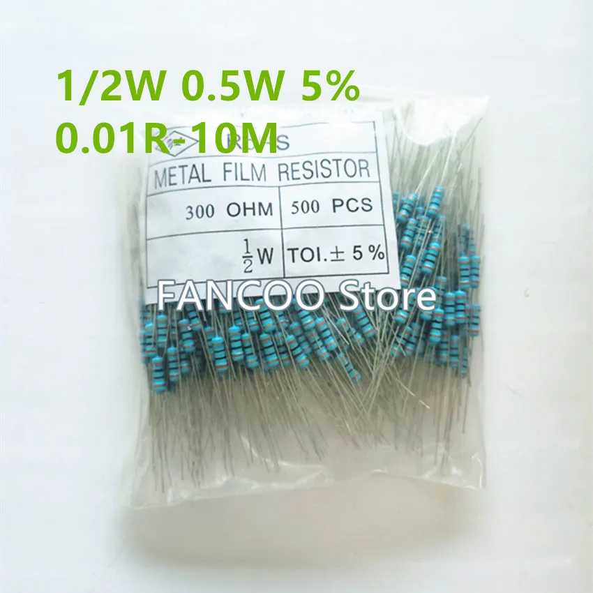 Resistencia de película metálica 500 unids/bolsa, 1/2W, 0,5 W, 5%, 0.1R, 0.12R, 0.15R, 0.18R, 0.27R, 1R, 1.2R, 1.3R, 1.6R, 1.8R, 2R, 2.2R, 2.4R, 2.7R, 3R, 3.3R