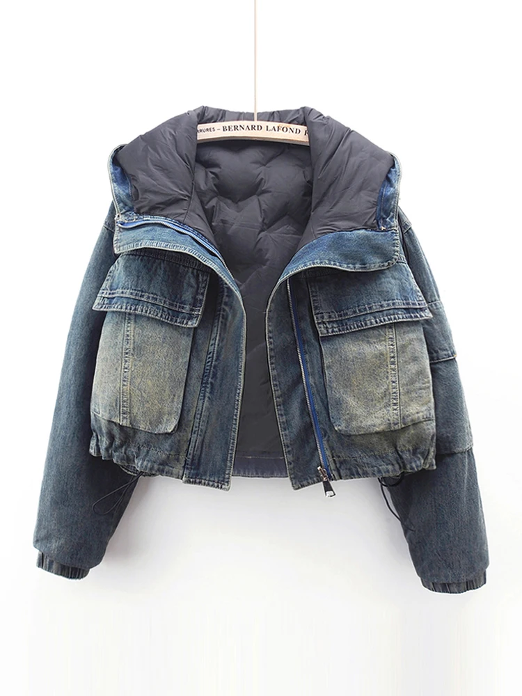 Korean Version Denim Jacket With Double-sided Patchwork Hooded Short Cotton Coat For Women Winter New Fashion Design Trendy