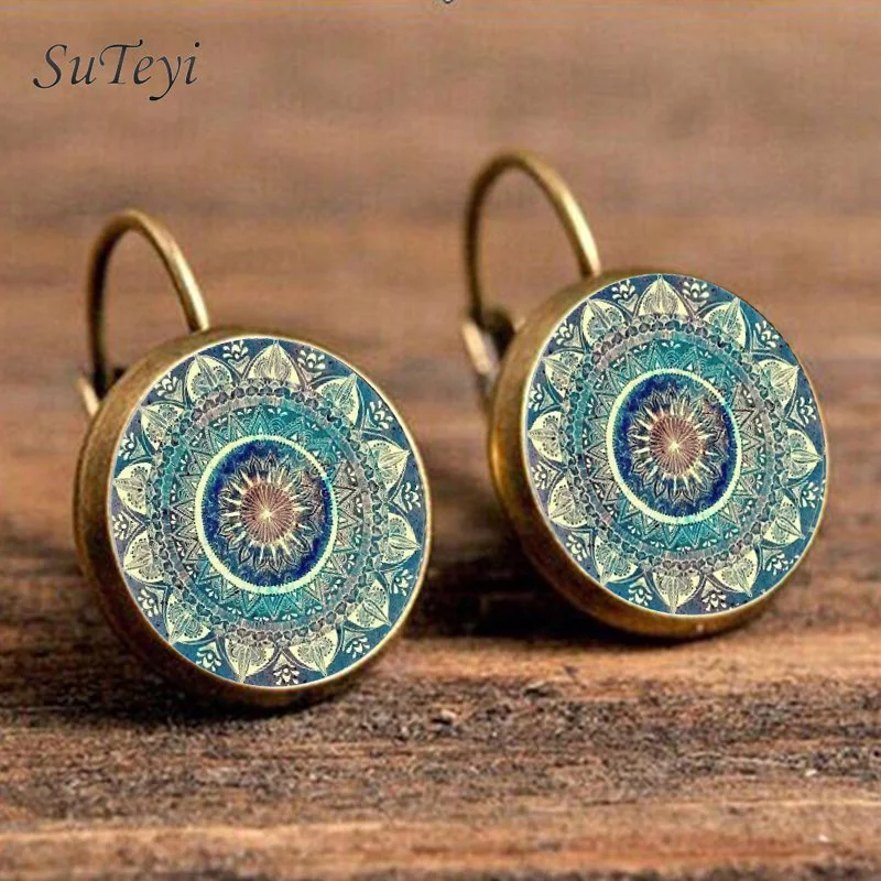 VIP Vintage Green Mandala Glass Earrings For Women Retro Sacred Geometry Jewelry