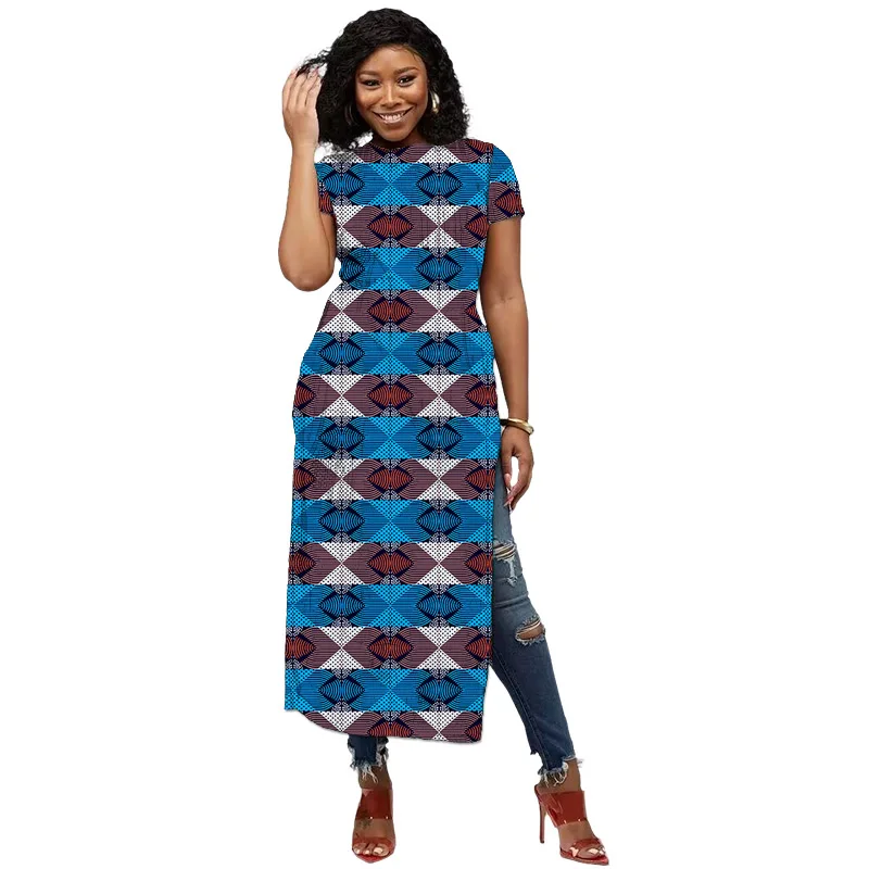 African Fashion O-Neck High Slit Dress Original Design Customized Short Sleeve Women's Banquet Attire Colorful Print Party Wear