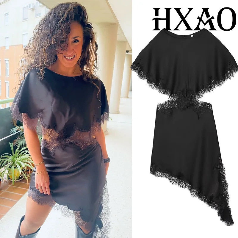 Hxao sexy cortar vestidos femininos vestido de renda preta mulher capa manga assimétrica midi vestidos para mulheres cetim elegante vestido de festa