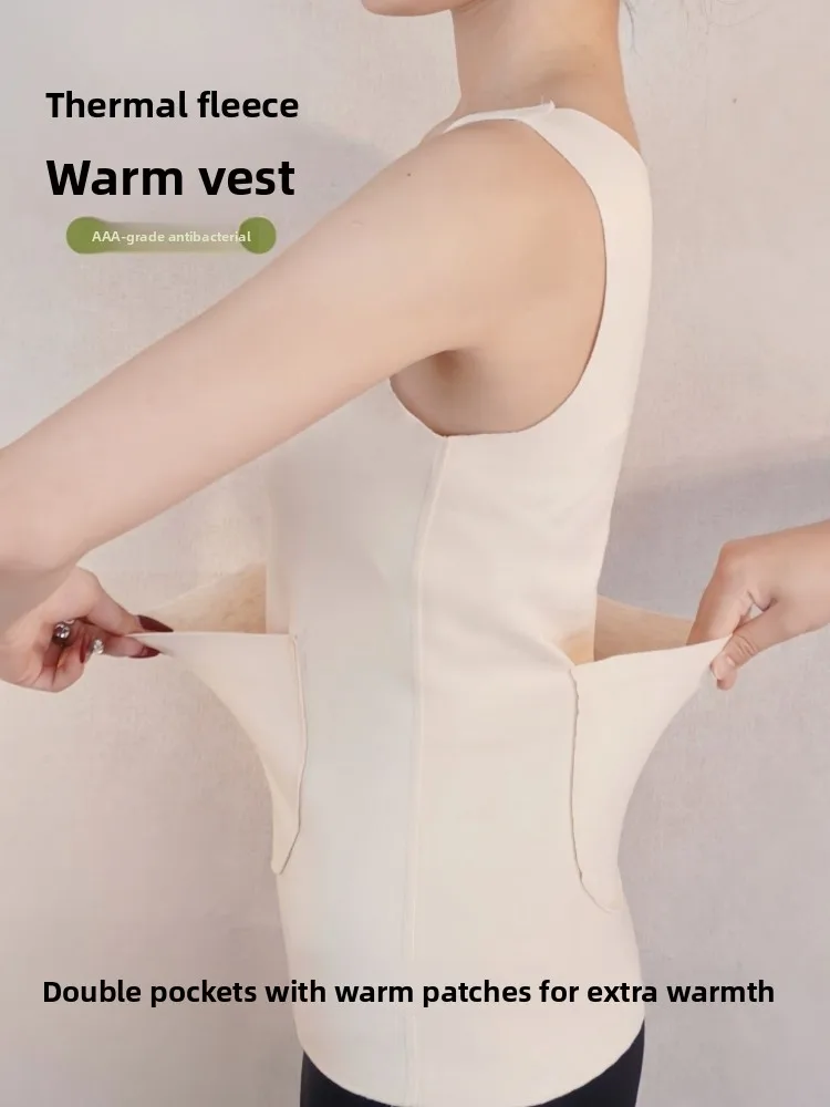 Thickened Double Pocket Women's Vest Warm Thermal Fleece No Trace Close-Fitting Belly And Waist Protection Pocket Inner Wear ...