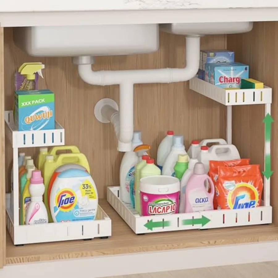

Under Sink Organizer, 2 Tier Expandable Under Cabinet Organizer, Heights Adjustable Pull Out Storage for Kitchen Bathroom Laund