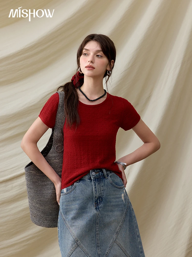 Mishow escritório senhora camisetas femininas verão 2025 manga curta em torno do pescoço sólido emagrecimento camisa de malha moda feminina mxe34z1257