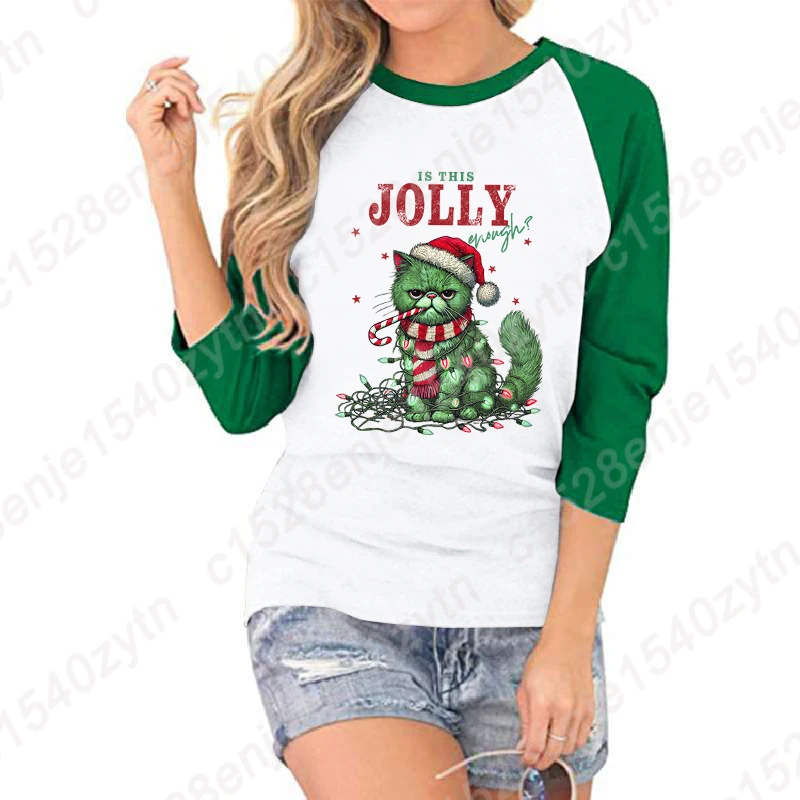 Christmas Light Cat Is This Jolly Enough Graphic Three Quarter Sleeve Shirt Women Summer Seven Sleeves Round Neck Loose T-shirts