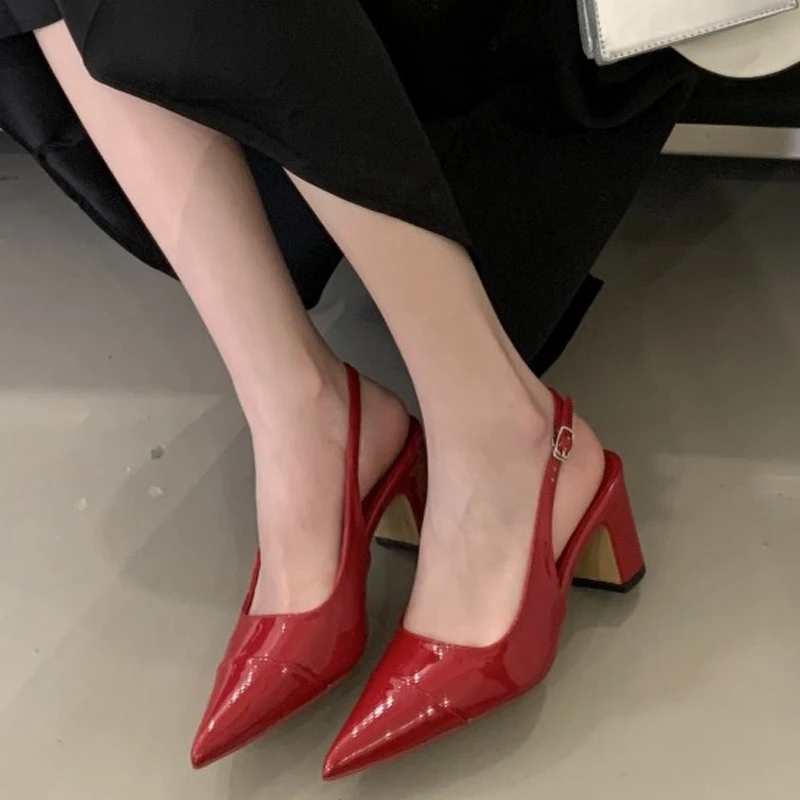 

Women's Pointed Toe Patent Leather Slingback Buckle Closure Chunky Block Heel Pumps Elegant Party Casual Daily Footwear Gift