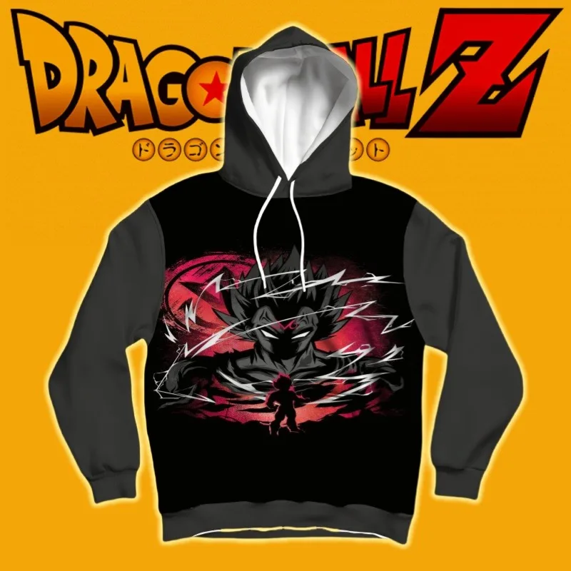 سترة بغطاء للرأس من Dragon Ball Dark Aura Goku صورة ظلية مطبوعة فريدة من نوعها مستوحاة من بانداي باللون الأسود والأحمر والبرق يجب اقتناؤها لمحبي الرسوم المتحركة
