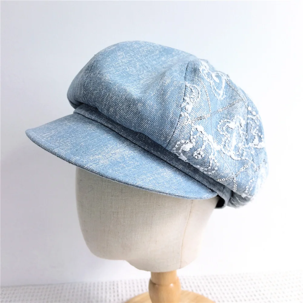 

Octagonal Cap Jeans Women Newsboy Hat Lace Sun Protection Accessory For Outdoor Spring Autumn Casual Street Style