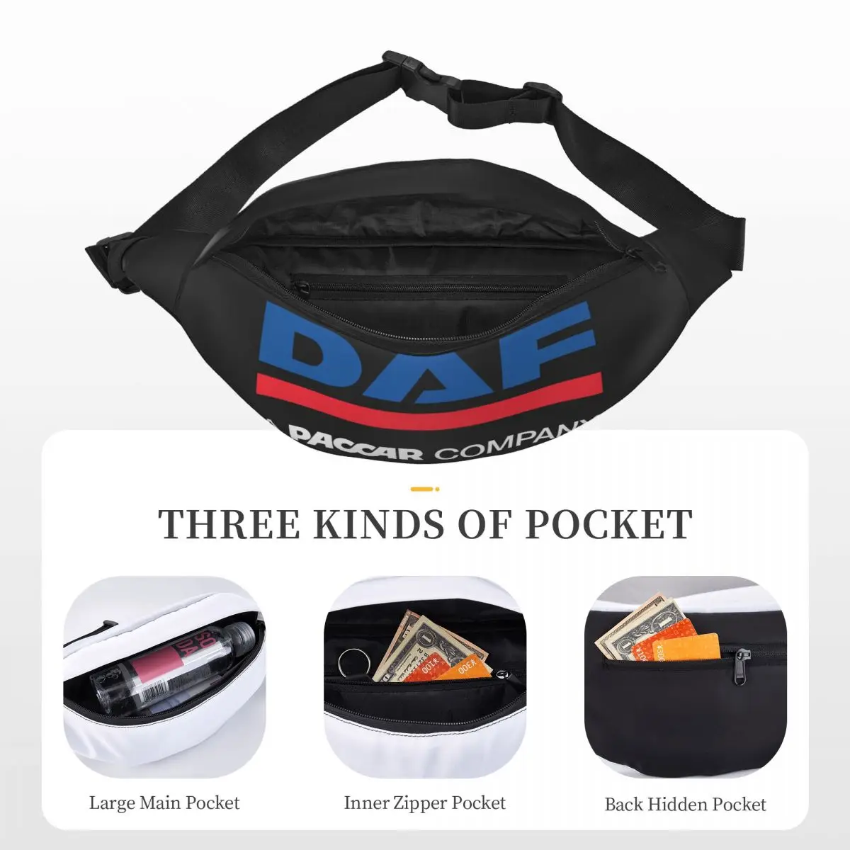 Unisex DAF Truck Logo cintura Bag, Sling multifunções, Crossbody Malas, Peito Malas, Pacote de viagem curta