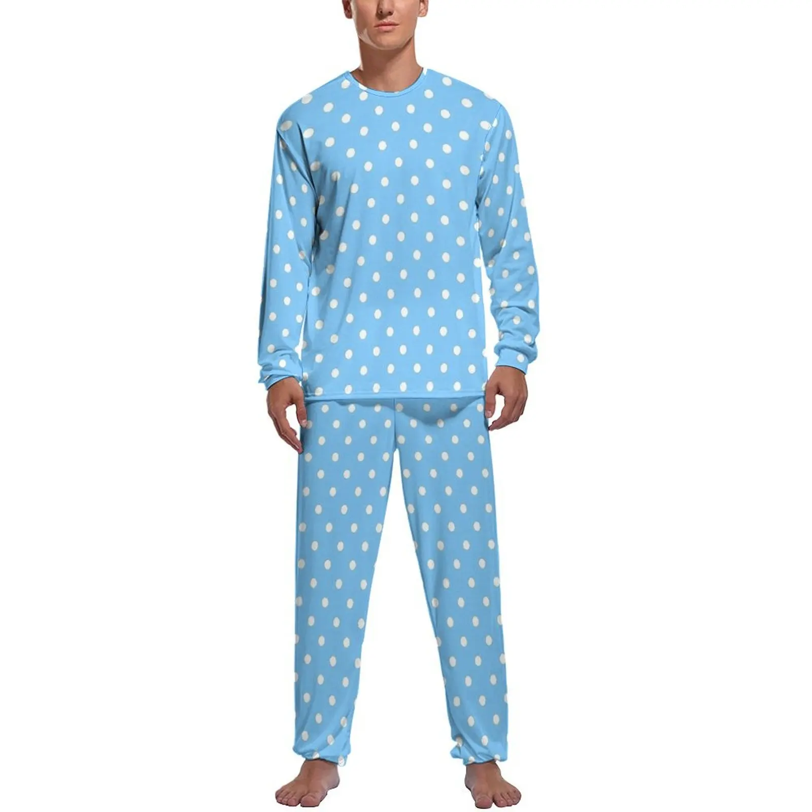 

Sky Blue Polka Dots Pajamas Spring Retro Print Home Nightwear Male 2 Pieces Graphic Long-Sleeve Romantic Pajama Sets