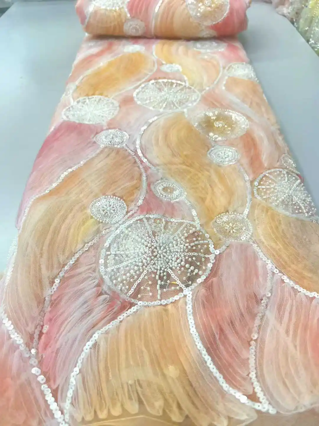 5 ياردة الأفريقي ثلاثية الأبعاد زهرة الخرز الدانتيل النسيج 2025 جودة عالية الفرنسية النيجيري تول تطريز النسيج لفستان الزفاف الخياطة