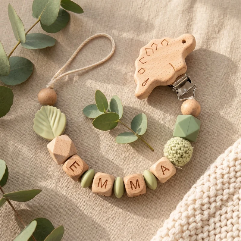 Gepersonaliseerde fopspeenclip met aangepaste naam, siliconen houten kralen, baby-bijtringketting, fopspeenhouder, BPA-vrij, kraamcadeau voor pasgeborenen