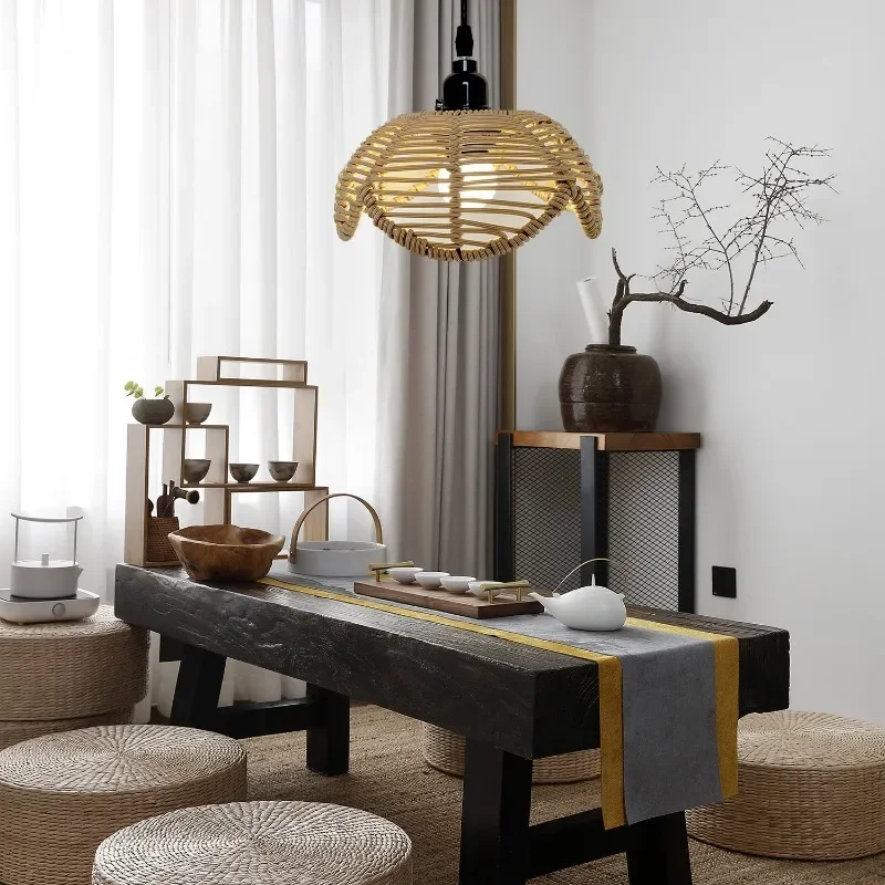 

American Style Minimalist Rattan Lampshade for Pendant Light Lotus Shaped Lampcovers