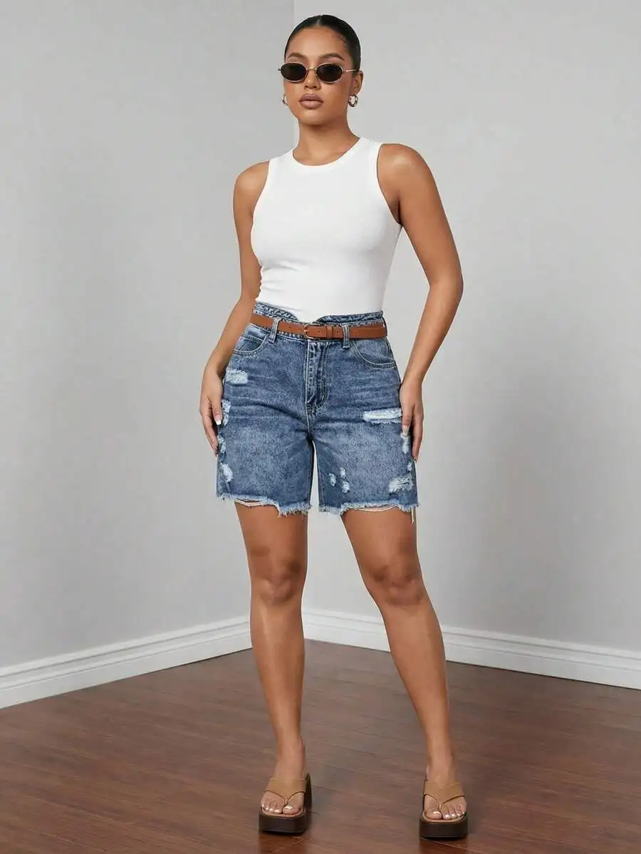 

Womens High Waist Distressed Denim Shorts With Raw Hem Button Fly Casual Retro Shorts