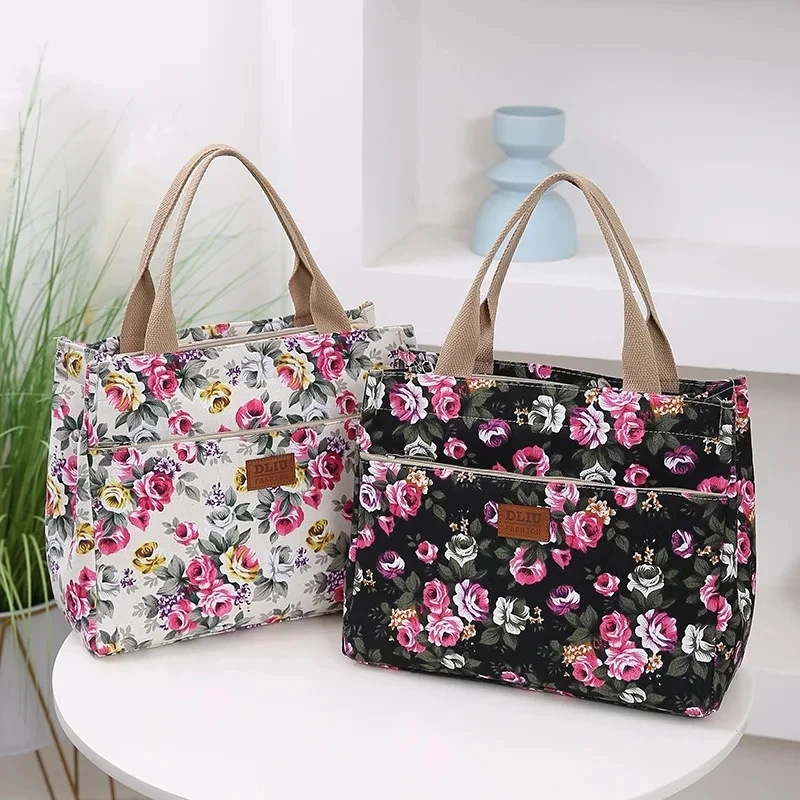 Fashion Floral Print Tote Bag Canvas Lunch Bag Women Thermal Cooler Casual Handbag Insulated Bento Mommy Bag For Picnic Travel